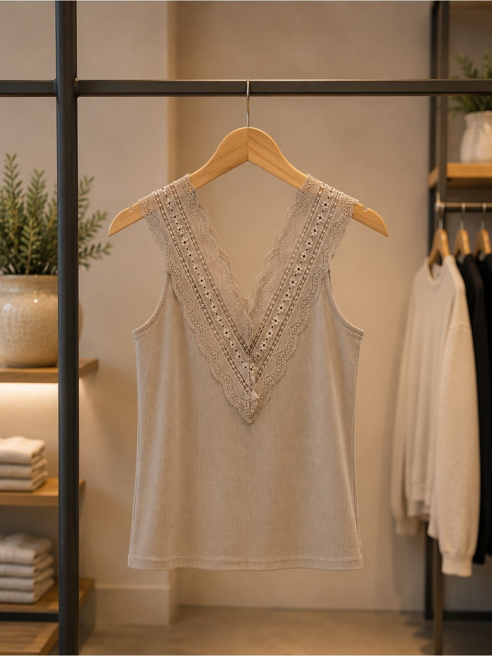Lace-Trim V-Neck Camisole in Taupe